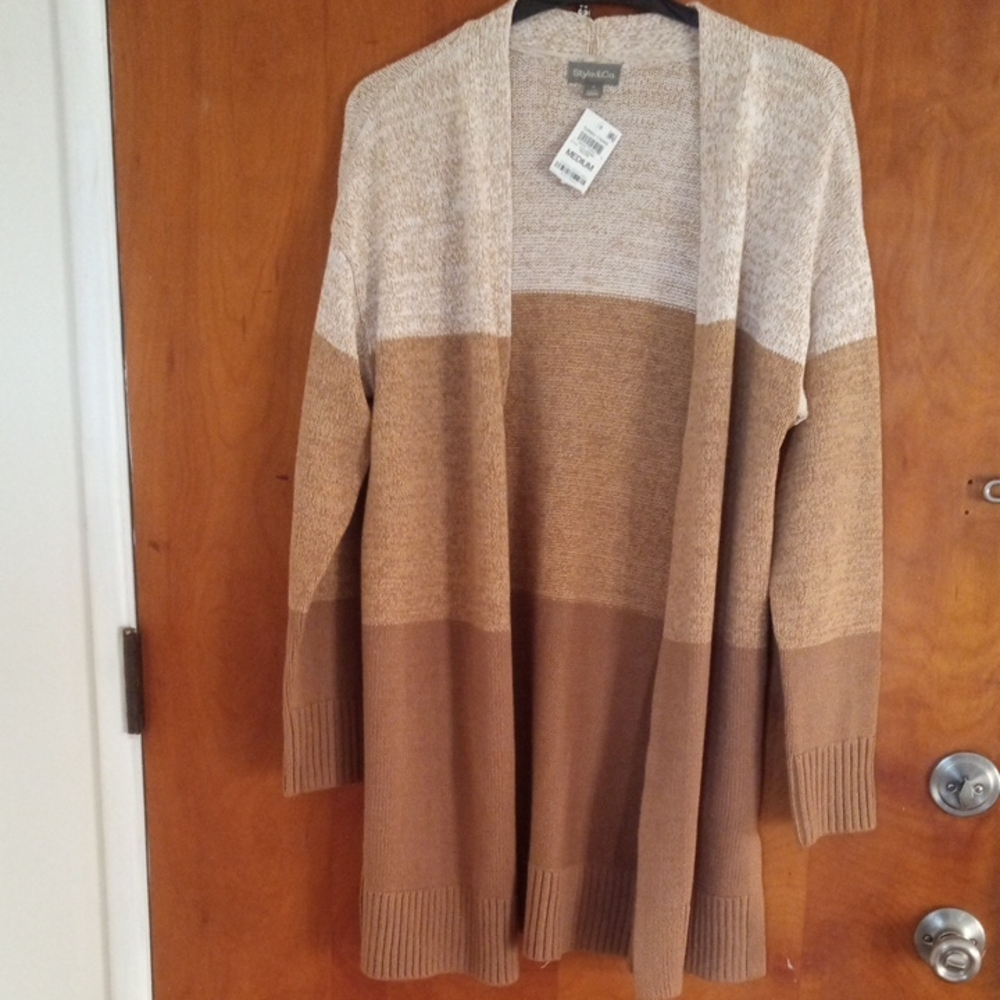 Style And Co Colorblock Open Front Cardigan Earrh Colors Medium New With Tag